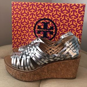Tory Burch silver cork wedge